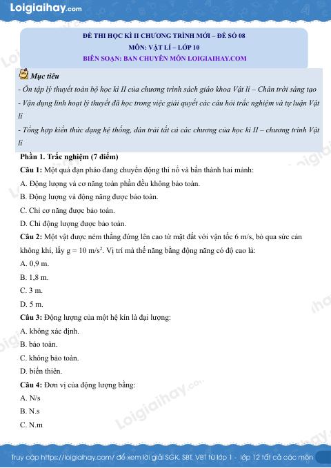 Đề thi học kì 2 Vật lí 10 Chân trời sáng tạo - Đề số 8